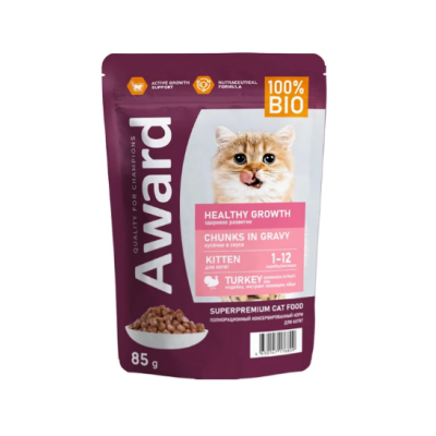 Влажный корм AWARD Healthy growth для котят от 1 месяца кусочки в соусе с индейкой 85г