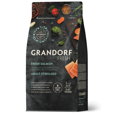 Grandorf Fresh для взрослых стерилизованных кошек с филе лосося и бататом 2кг