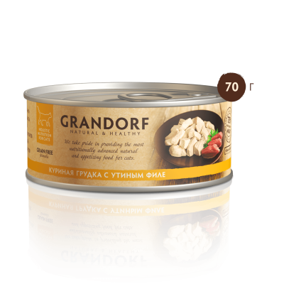 Grandorf Консервы для кошек Куриная грудка с утиным филе в бульоне 70г