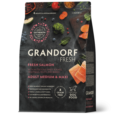 Grandorf Fresh для взрослых собак средних и крупных пород с филе лосося и бататом 1кг