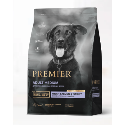 Premier Dog Salmon and Turkey ADULT Medium Сухой корм для собак средних пород свежее филе лосося с индейкой 1кг