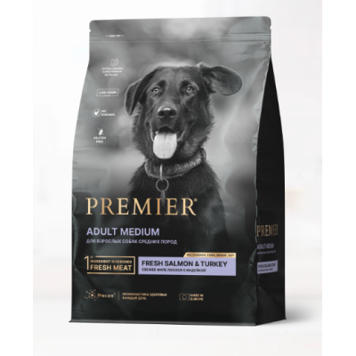 Premier Dog Salmon & Turkey Adult Medium для собак средних пород, свежее филе лосося с индейкой 10кг